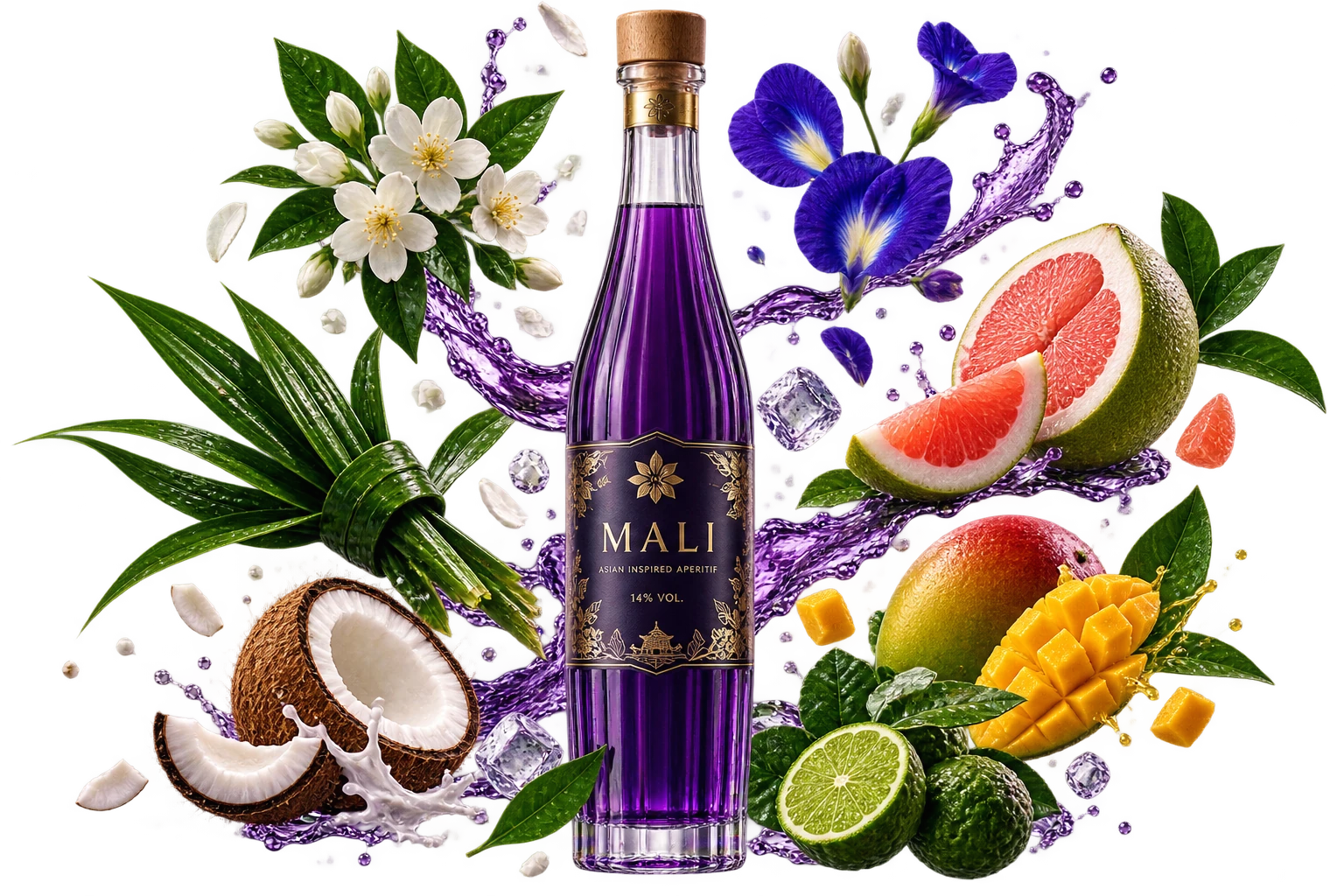 Die sieben MALI-Botanicals um die Flasche: Jasmine, Butterfly Pea, Pandan, Coconut, Pomelo, Mango und Kaffir Lime